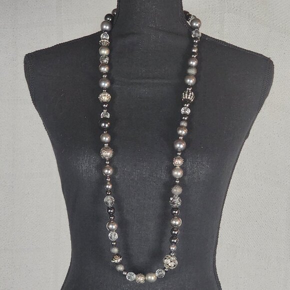 Chico's Gunmetal Filigree Crystal Ball Pewter Silver Faux Pearl 41" Necklace - Picture 1 of 16